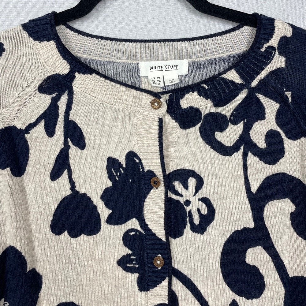 White Stuff Floral Organic Cotton Cardigan Navy Blue Cream US 10 UK 14 - Picture 8 of 10